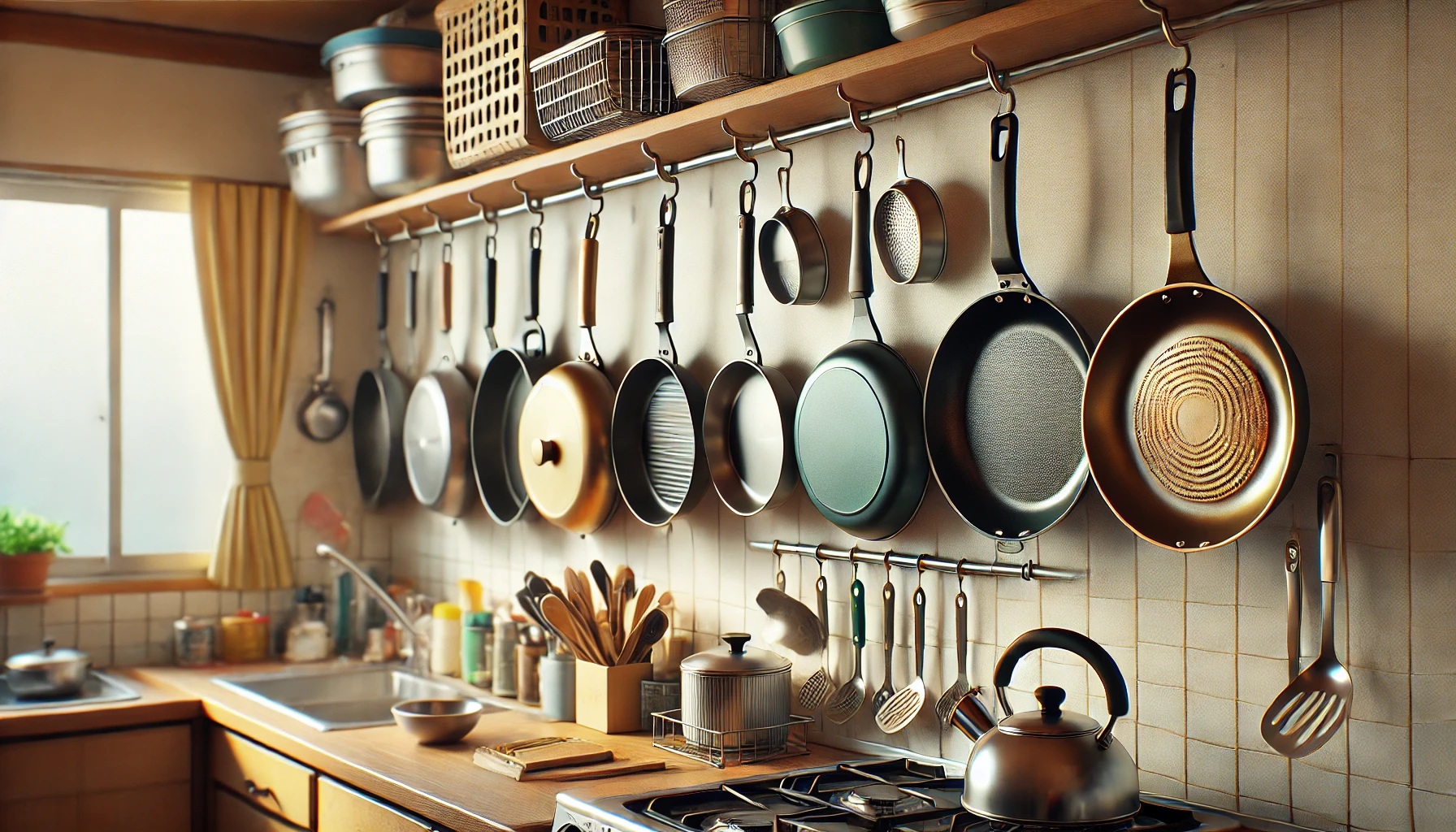 キッチンに吊るしてあるいろいろな種類のフライパンや鍋