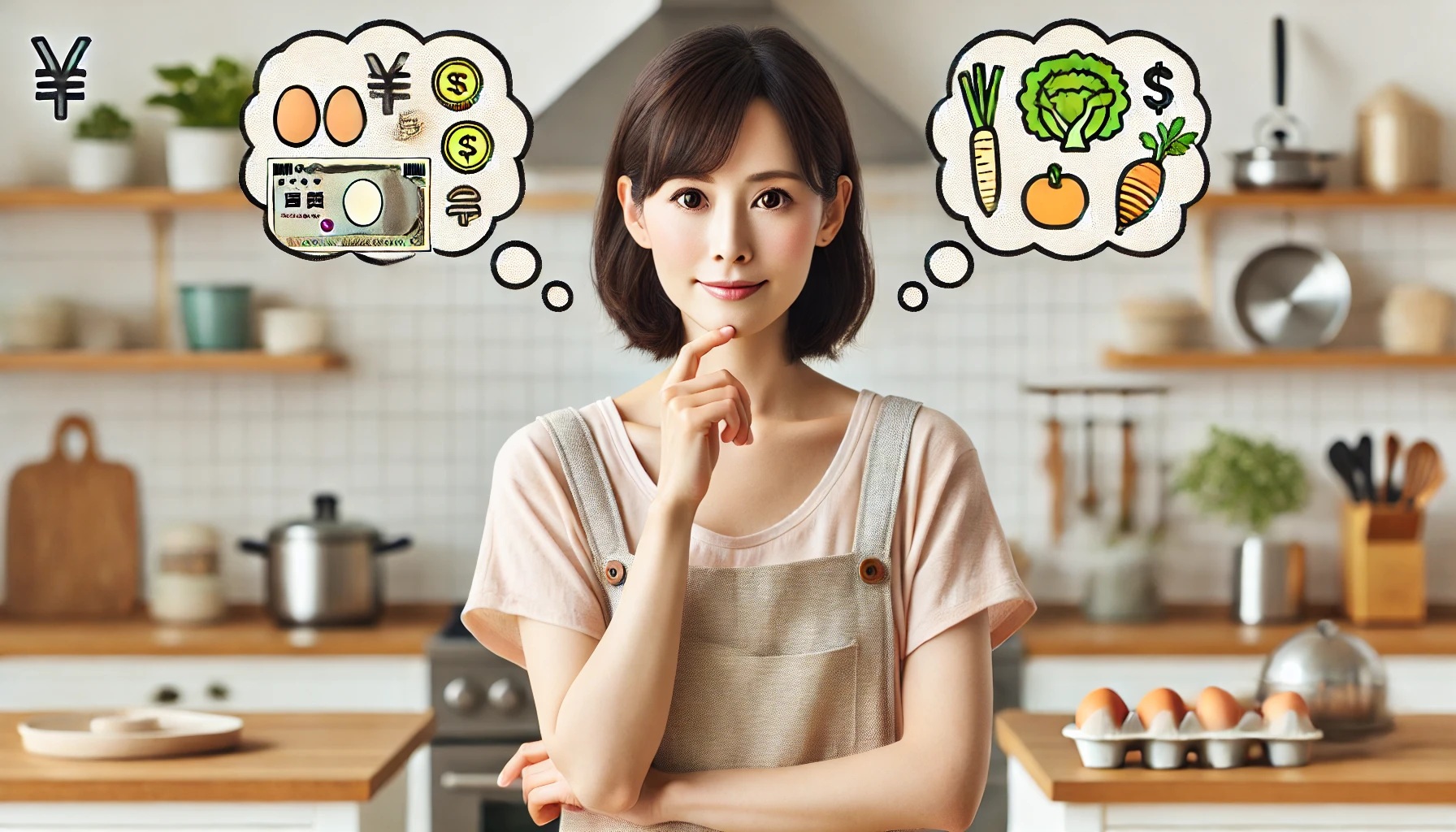 お金と食料品、キッチン家電のコスパを考えている女性