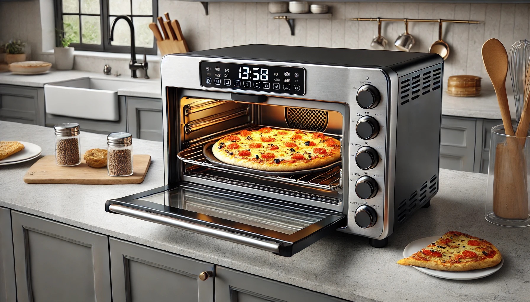 オーブントースターでピザを焼いているところ