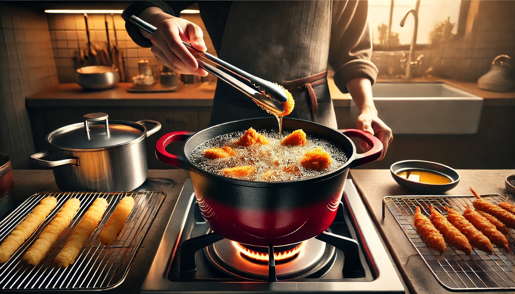 キッチンで揚げ物をしている様子