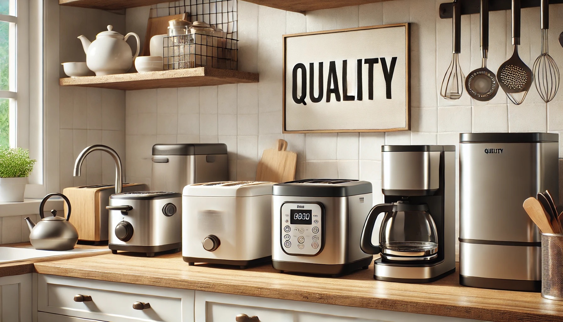 キッチンに並んだ調理家電とクオリティの文字