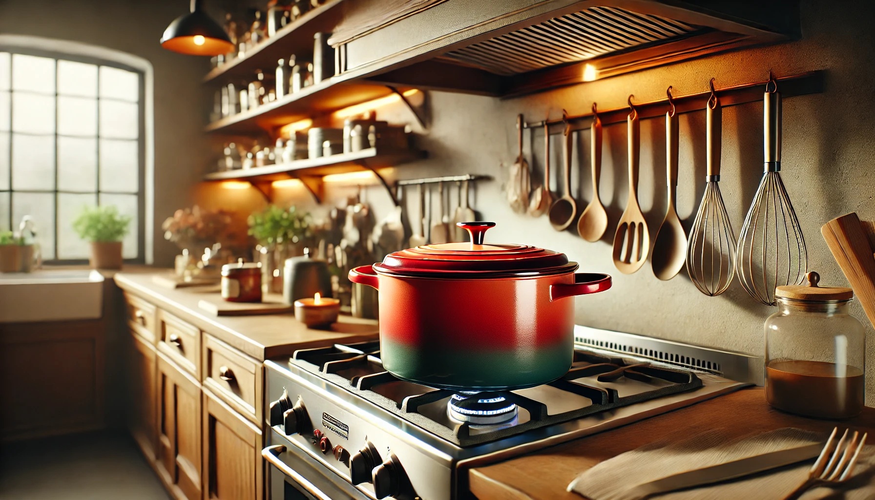 キッチンのコンロに鋳物ほうろう鍋