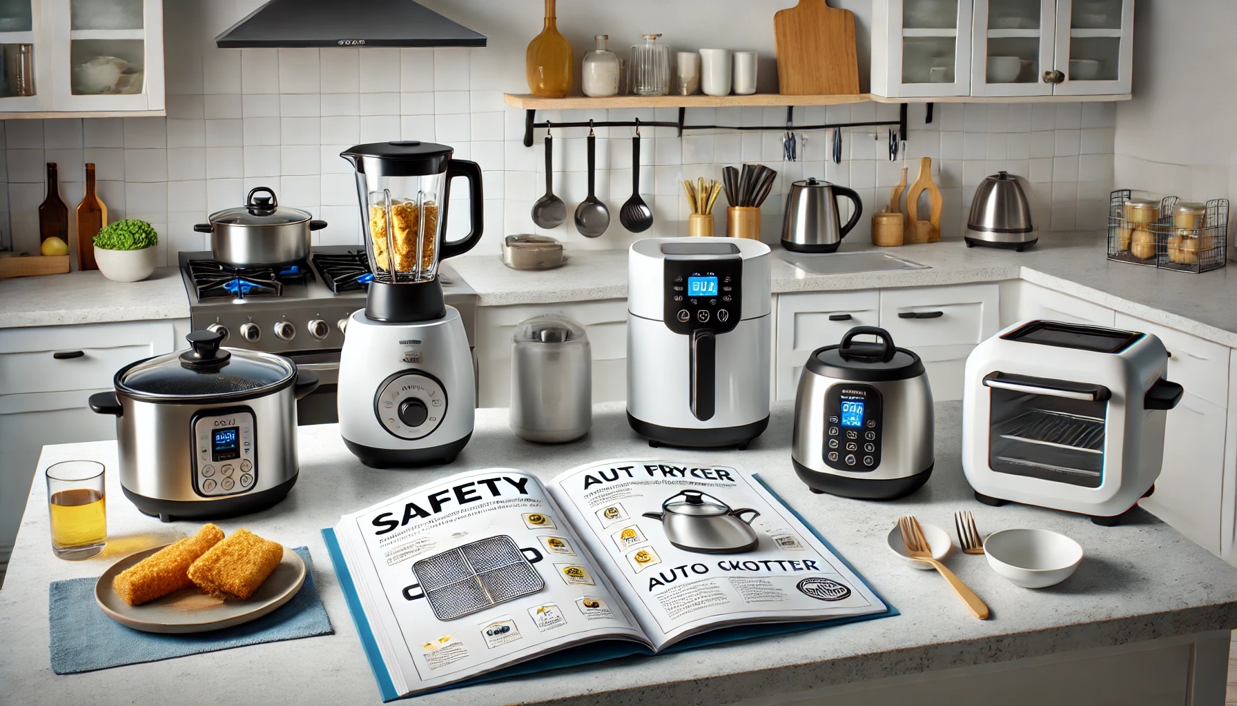 テーブルの上に置かれたsafety安全と書かれた調理家電のカタログ