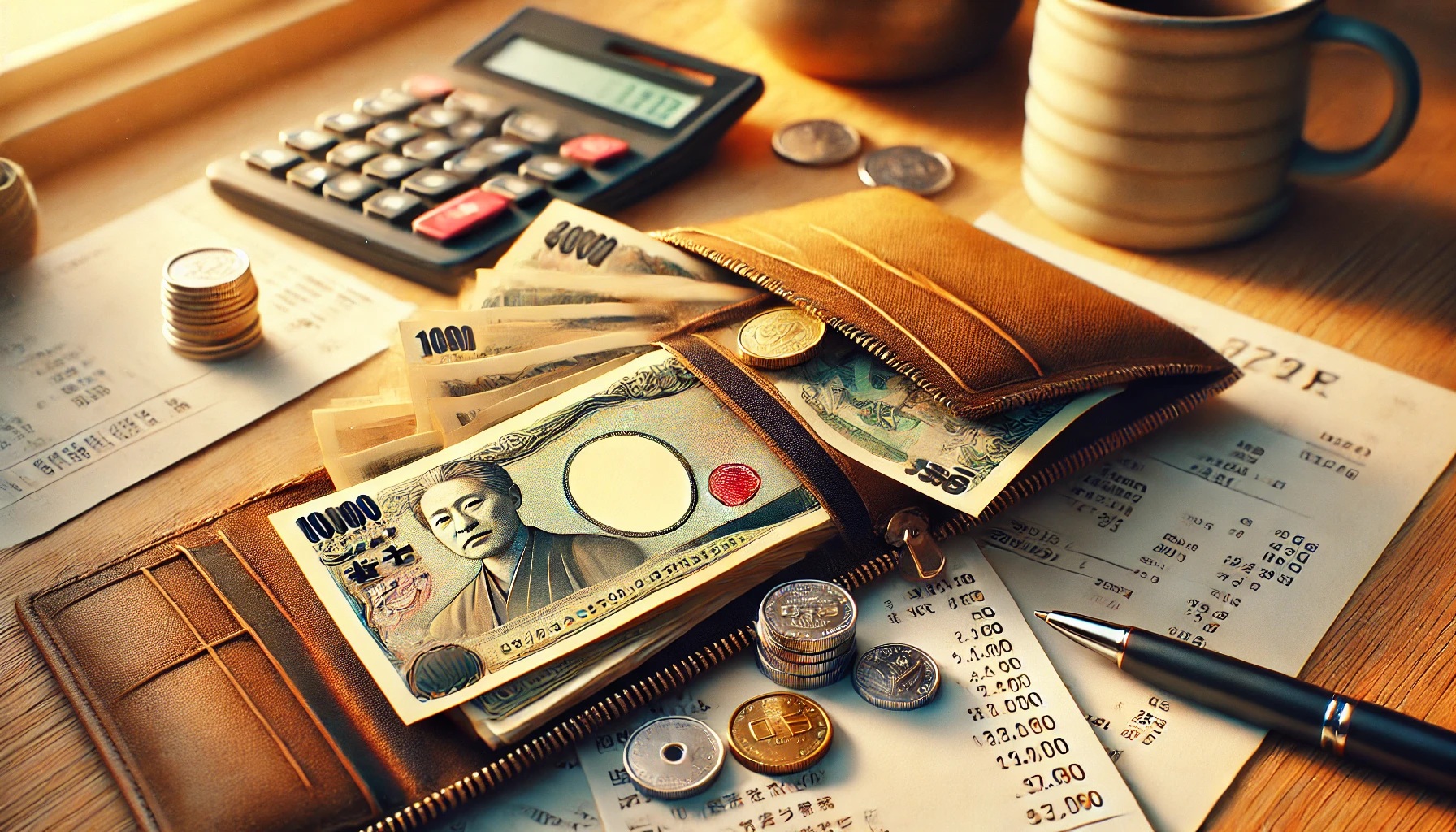 テーブルの上のお財布とお金、電卓