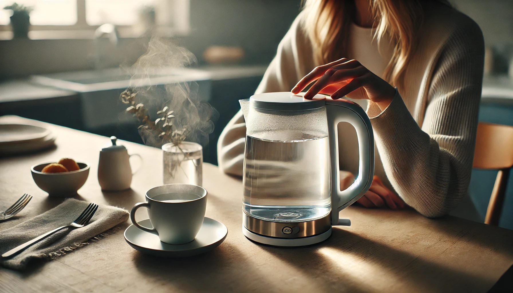 テーブルの上の電気ケトルと白湯