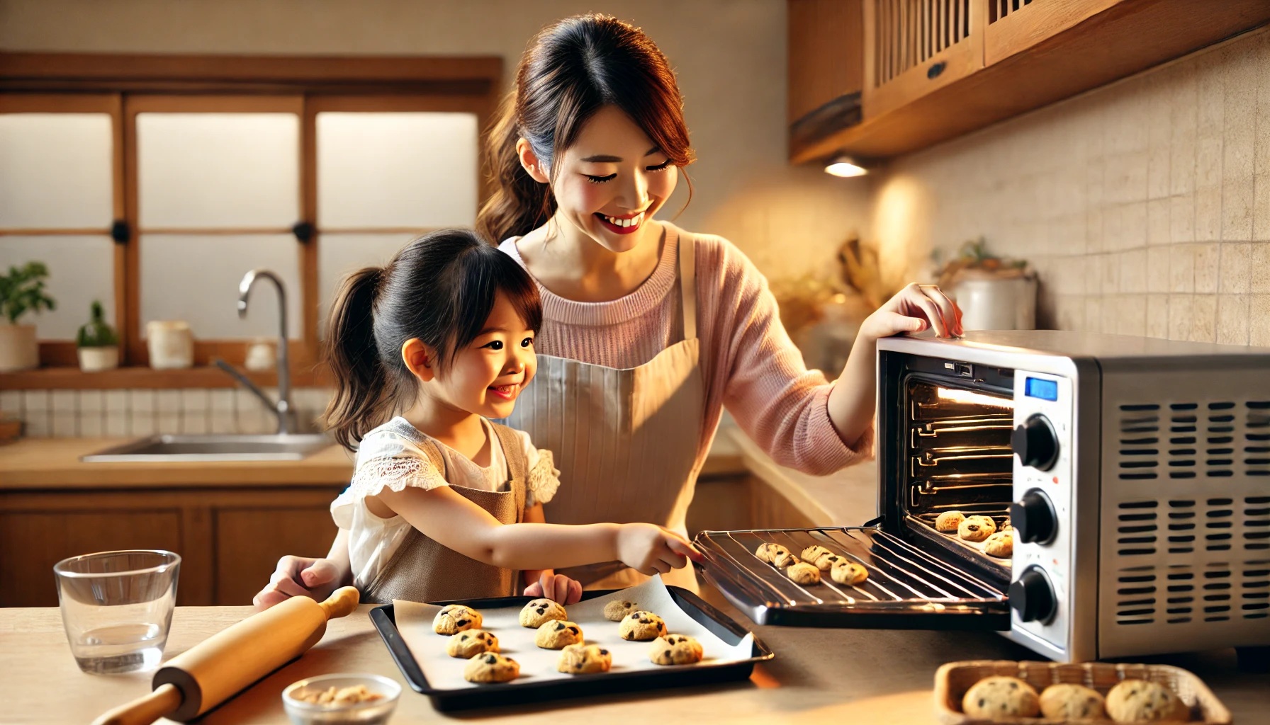 トースターでクッキーを焼いているママと女の子