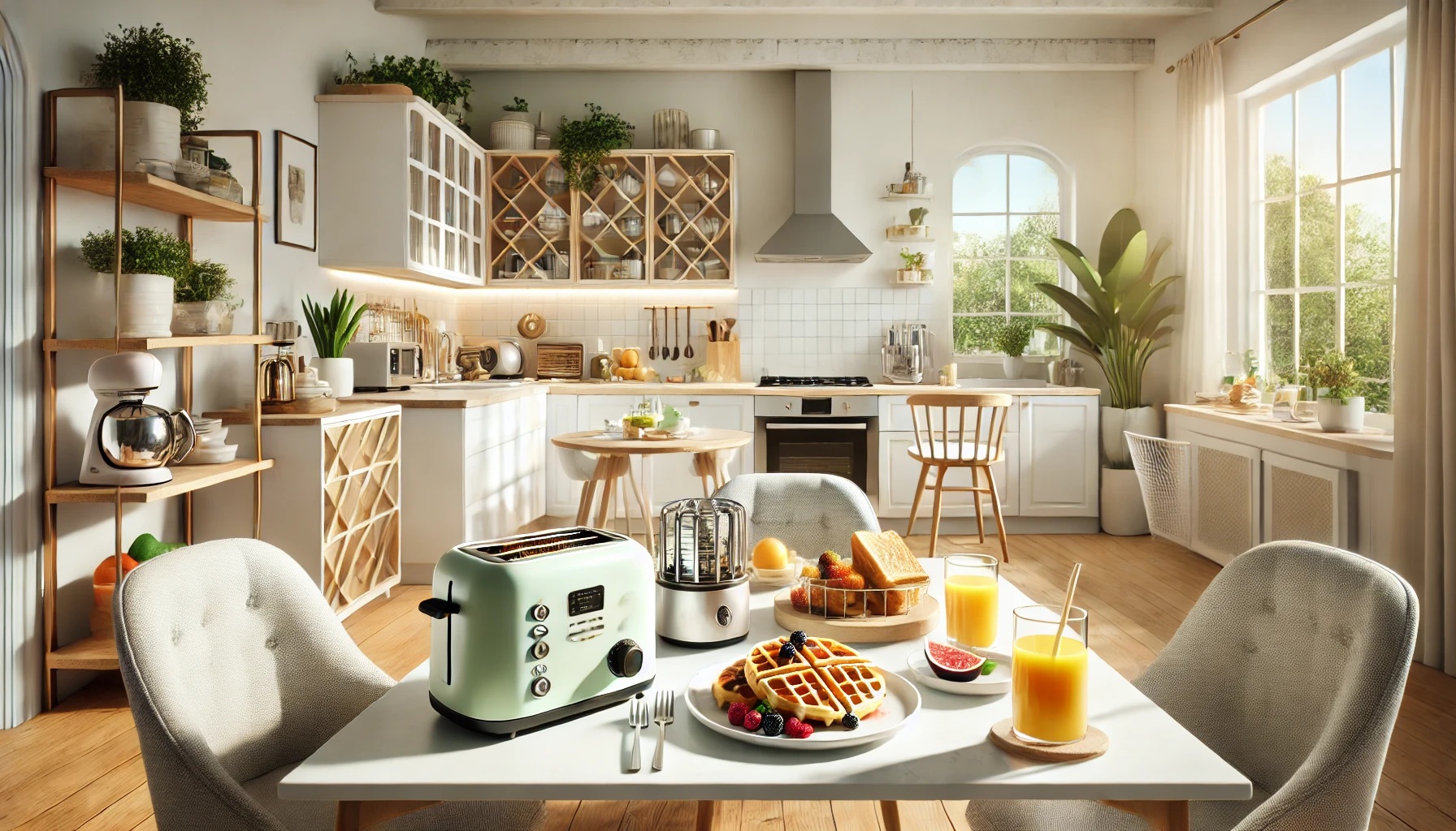 トースターやジューサーが置かれたテーブル