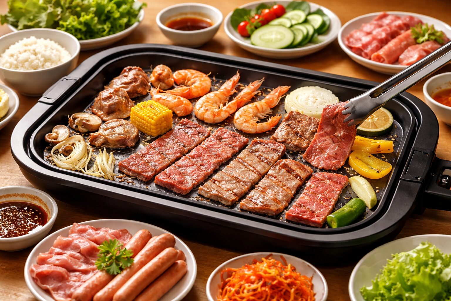 ホットプレートで焼き肉を焼いている