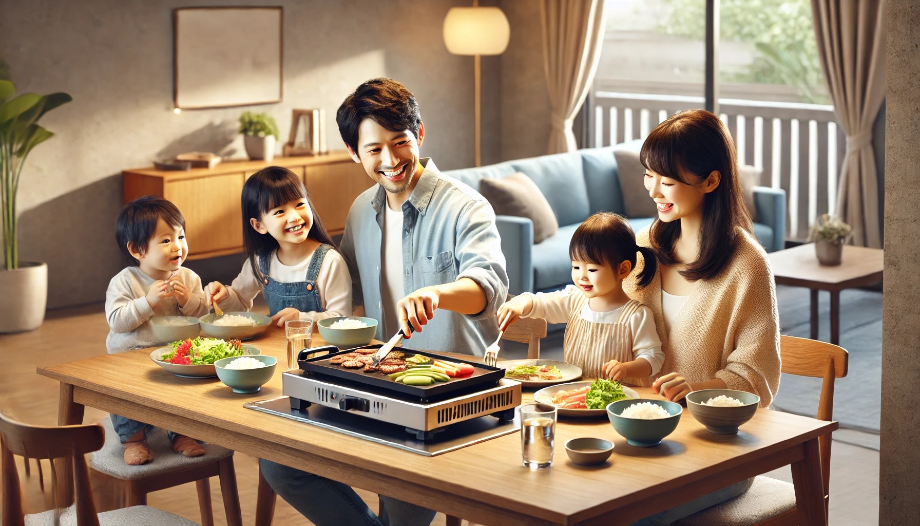 ホットプレートを使って食事を楽しむ家族