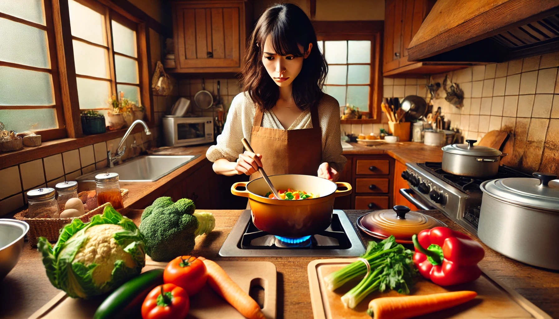 鍋で料理をする女性、上手くできず困っている様子