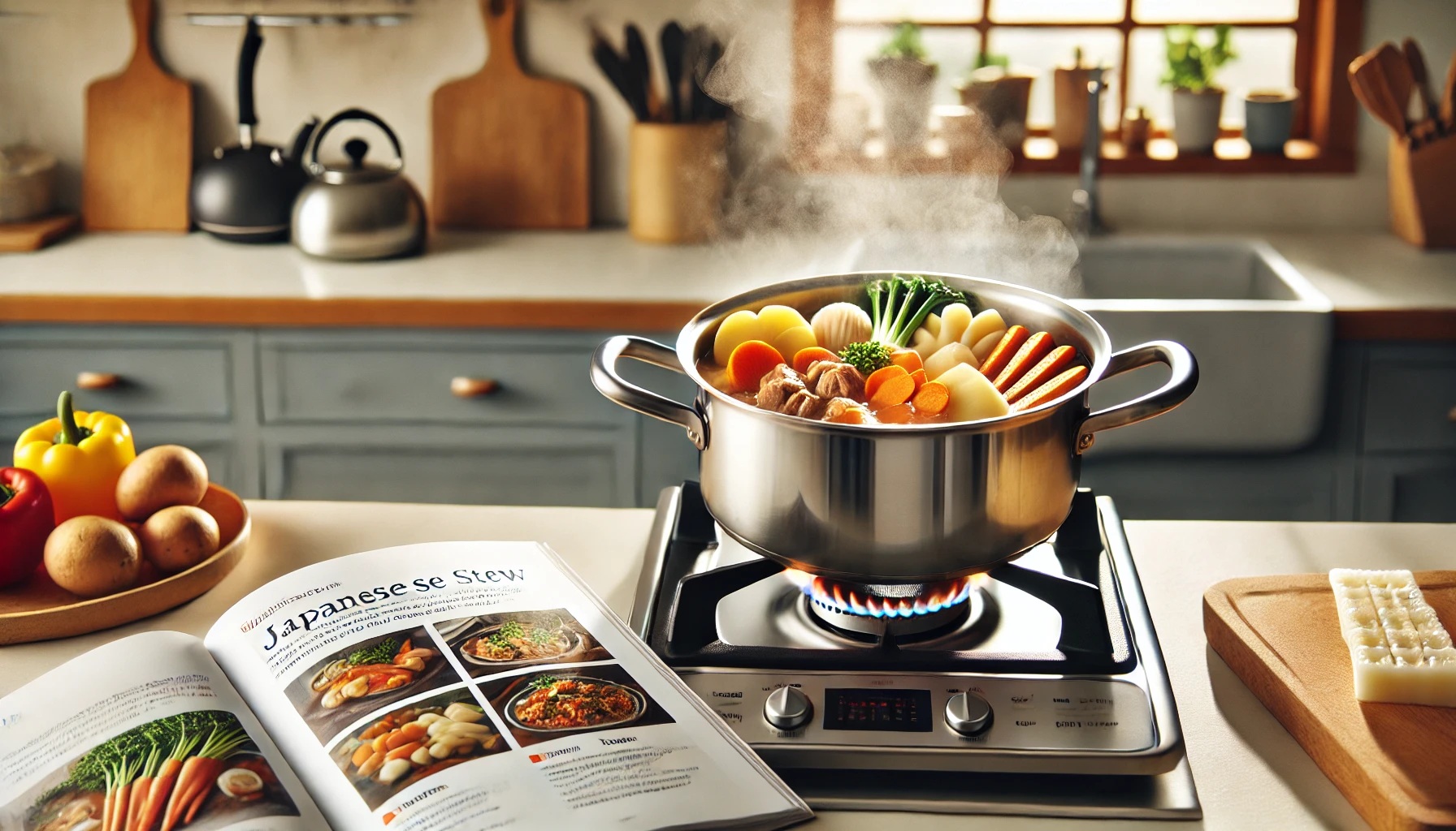 レシピの本と煮物が入った鍋