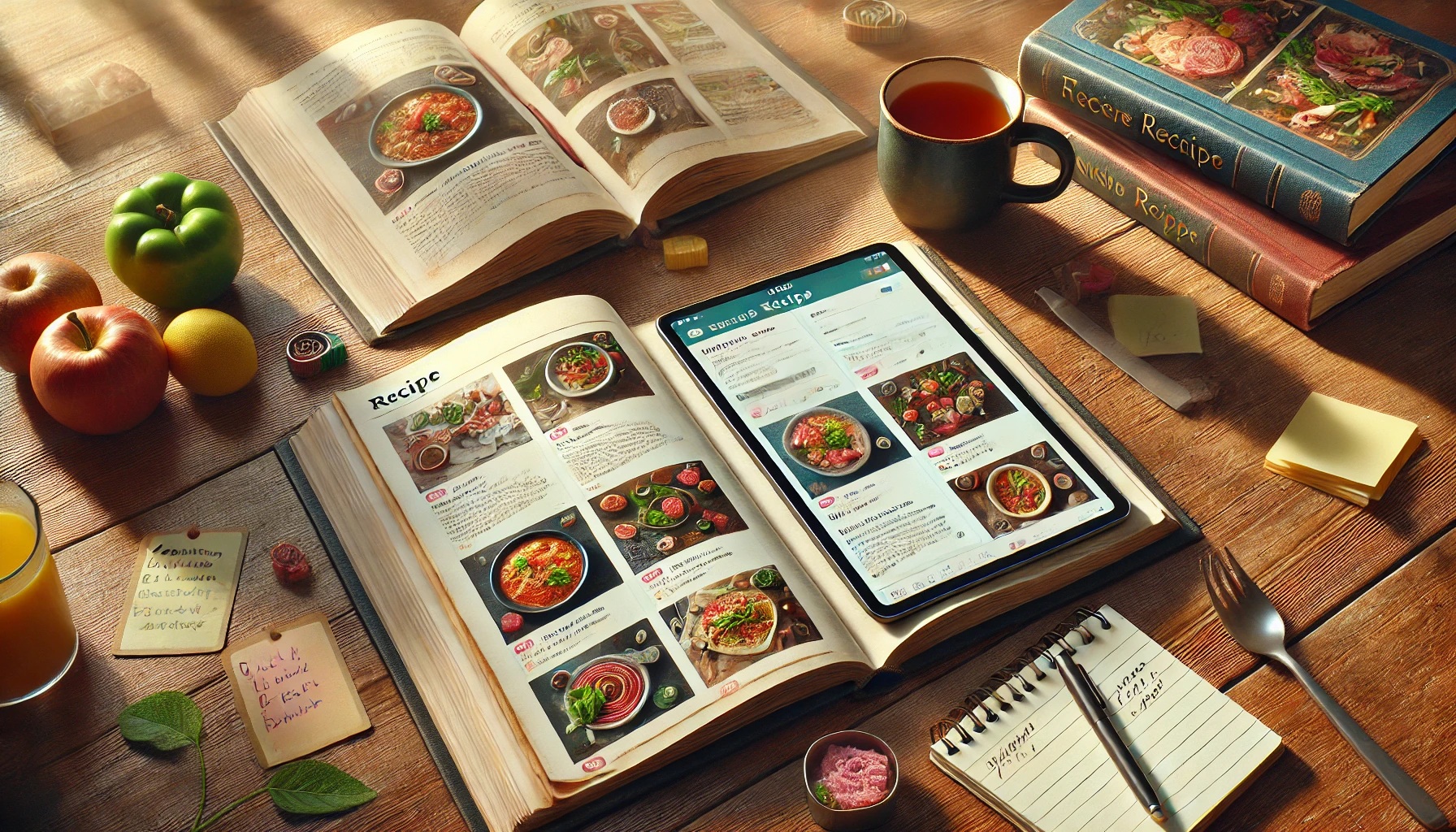 レシピ本やレシピのサイトを開いたタブレット