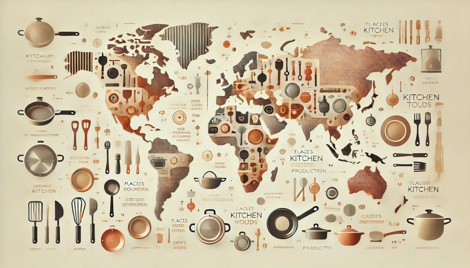 世界地図とキッチン用品で表した生産国