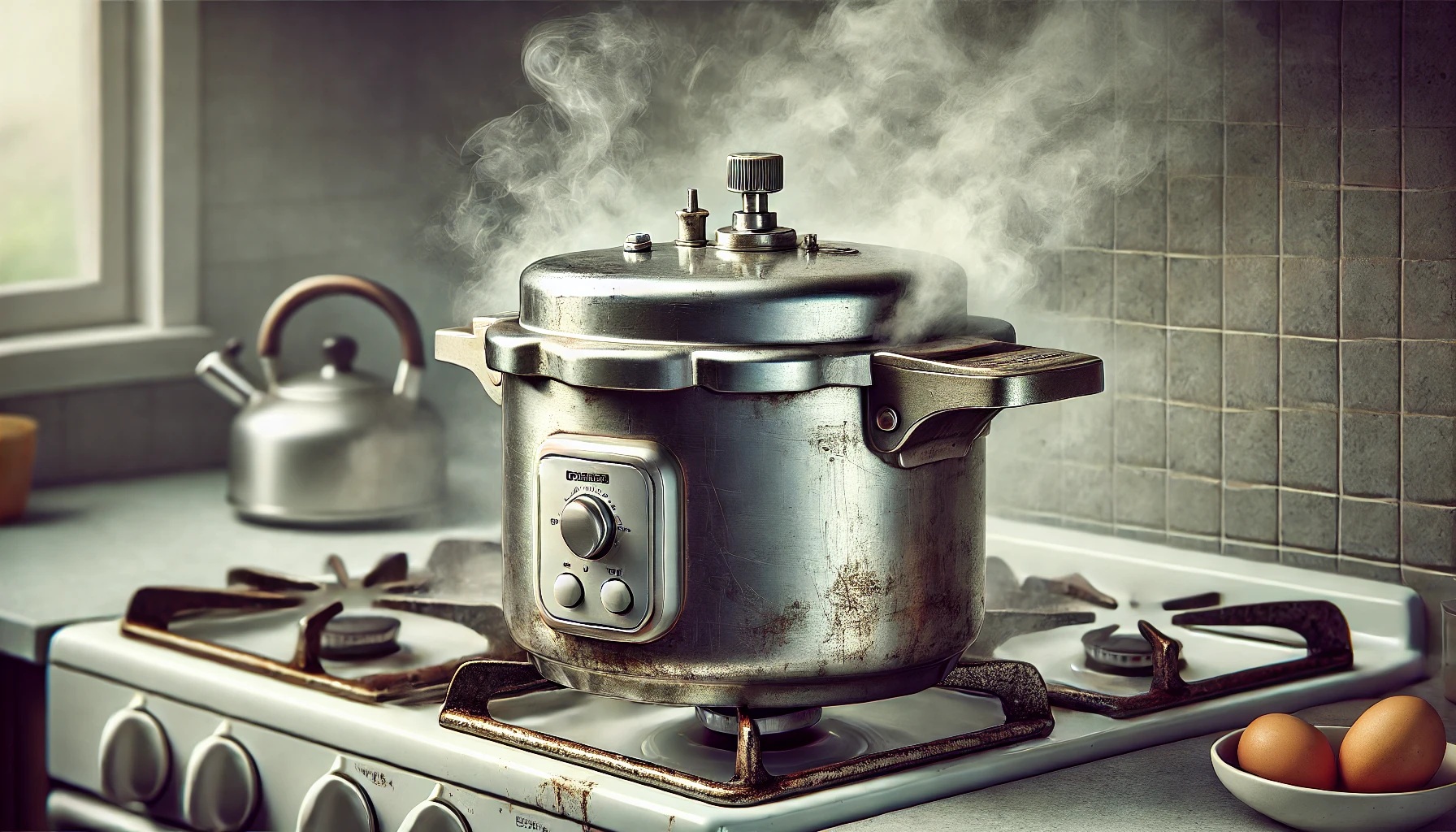 劣化で蒸気が漏れている圧力鍋