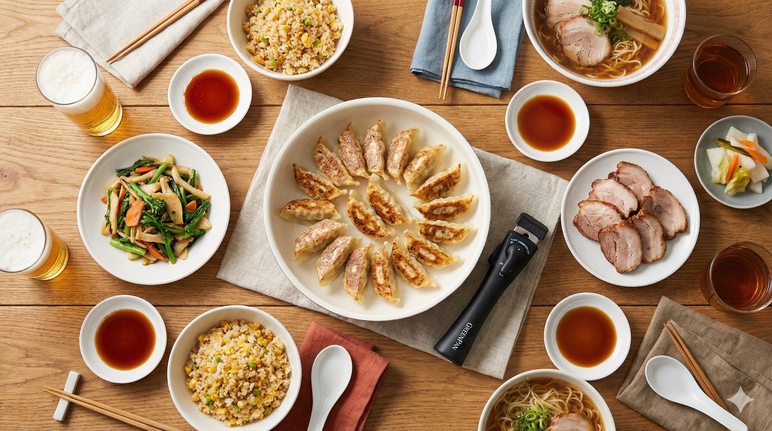 料理が並んだテーブルの上、取っ手が取れるフライパンで焼いた餃子