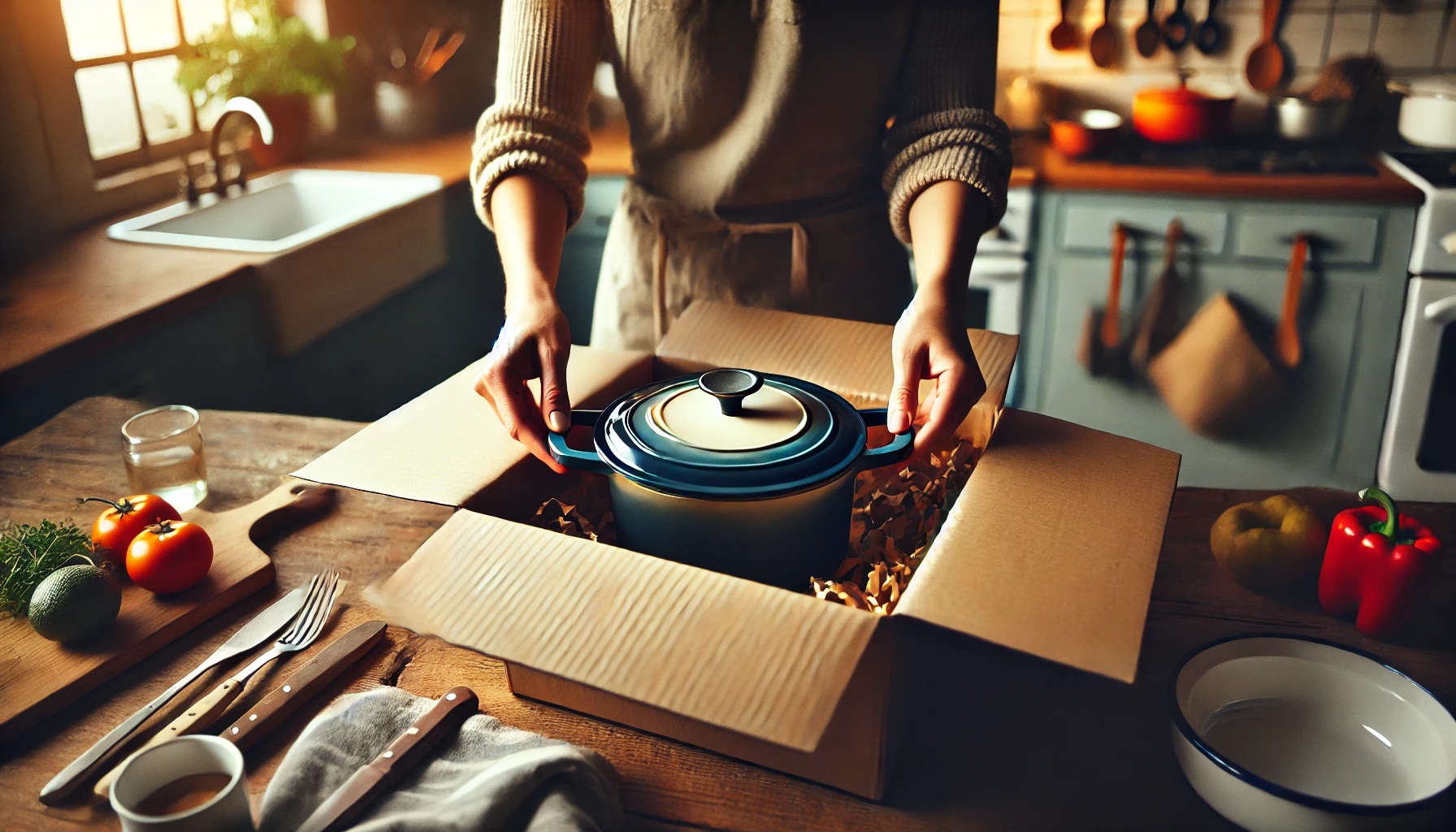 新しく購入した鍋が届き、箱を開封する女性
