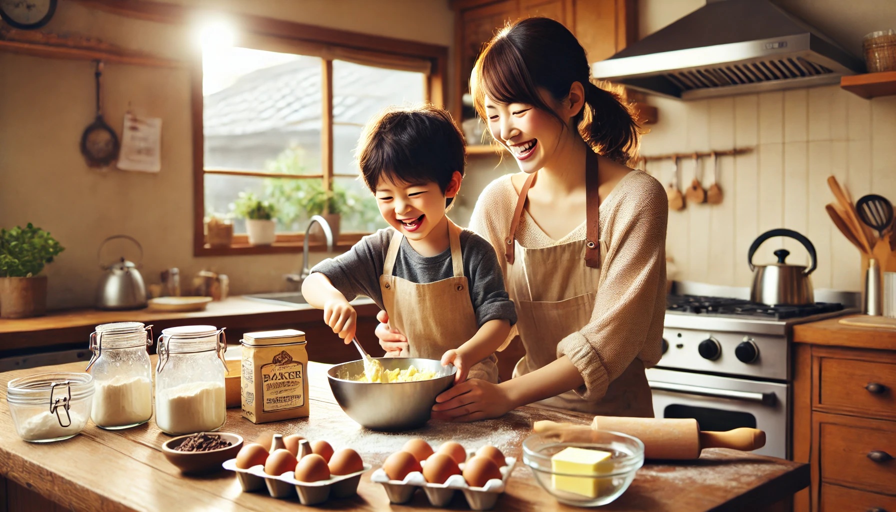 楽しそうにお菓子作りをするママと男の子