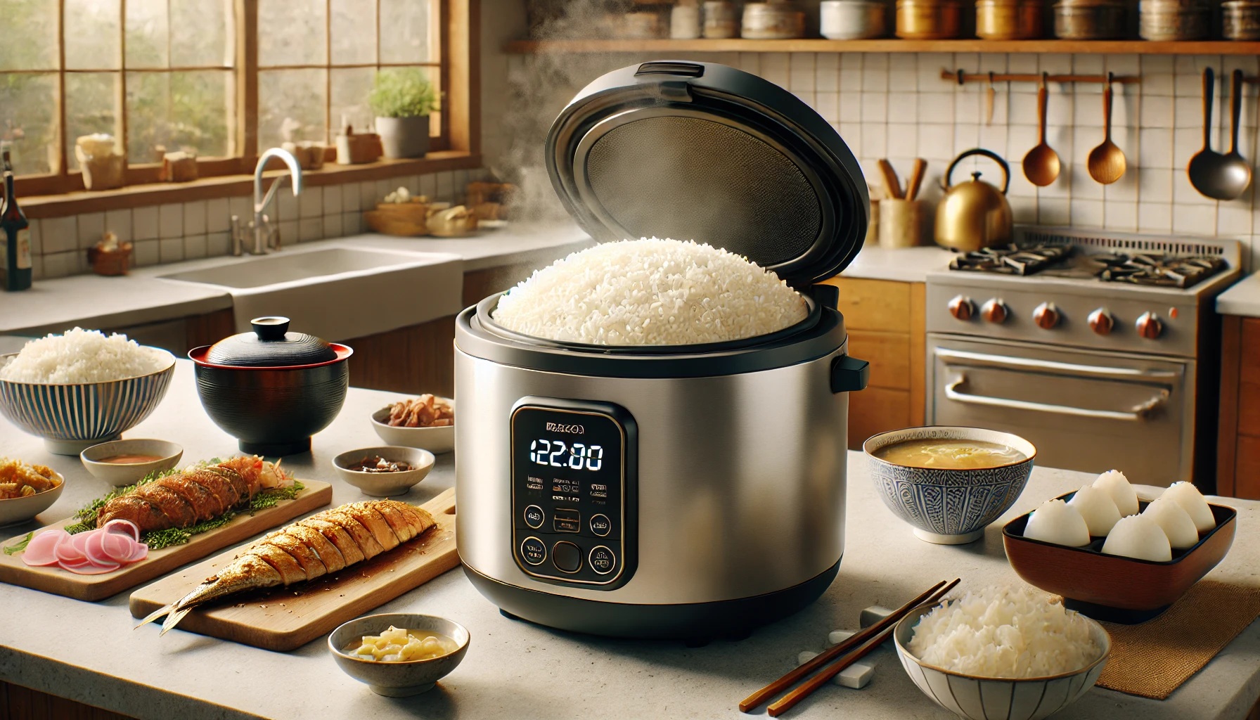 炊飯器で炊きあがったばかりのご飯とおかず