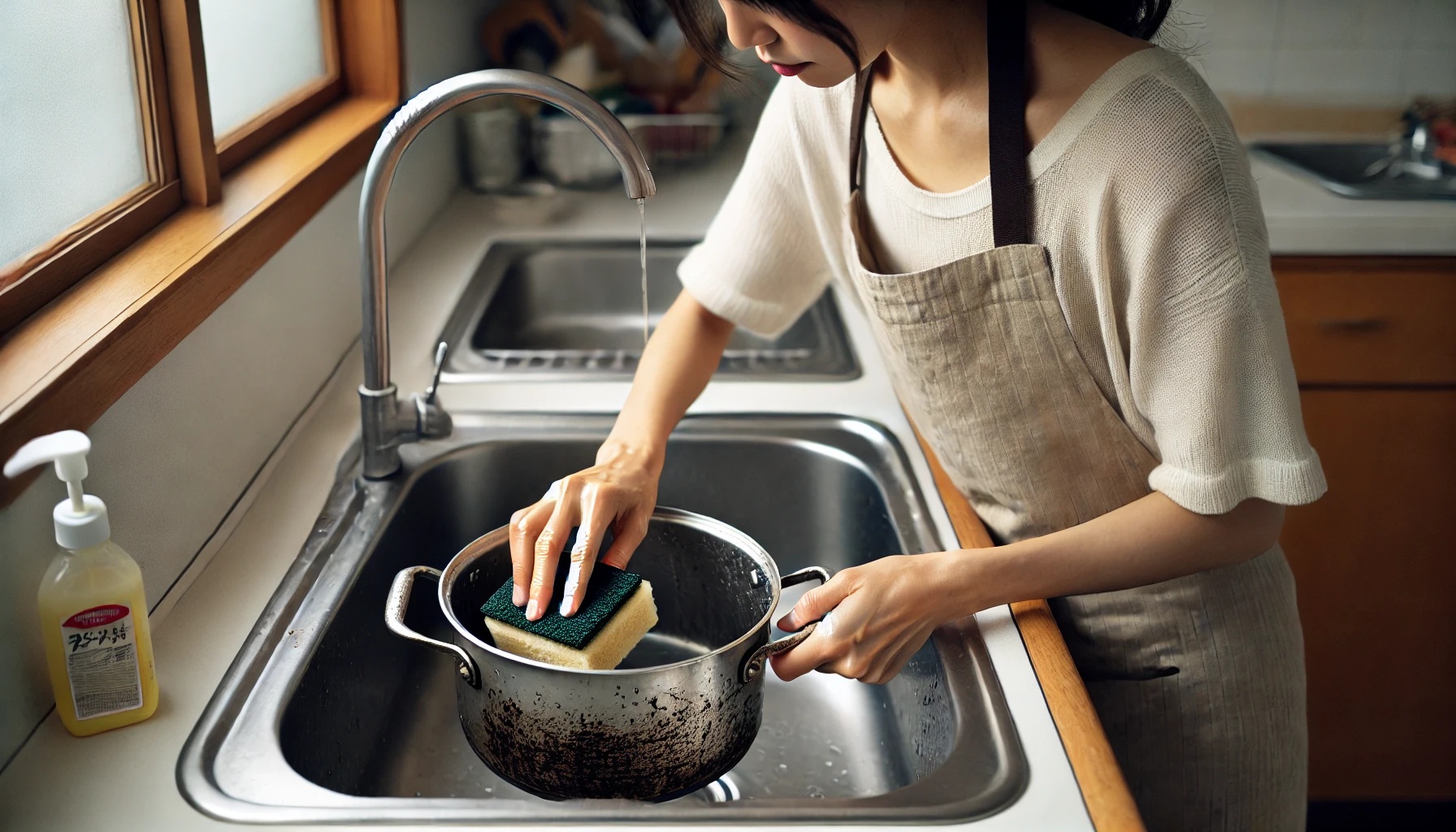 焦げた鍋を洗う女性