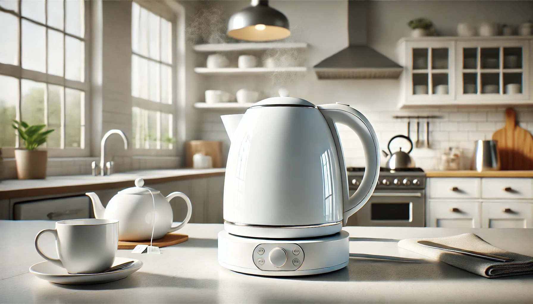 白い電気ポットと紅茶セット