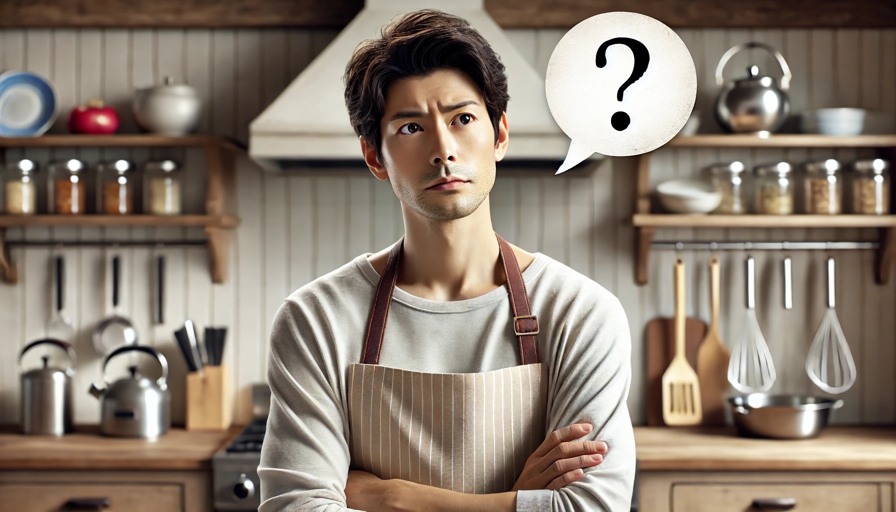 腕組みをして疑問について考えている男性