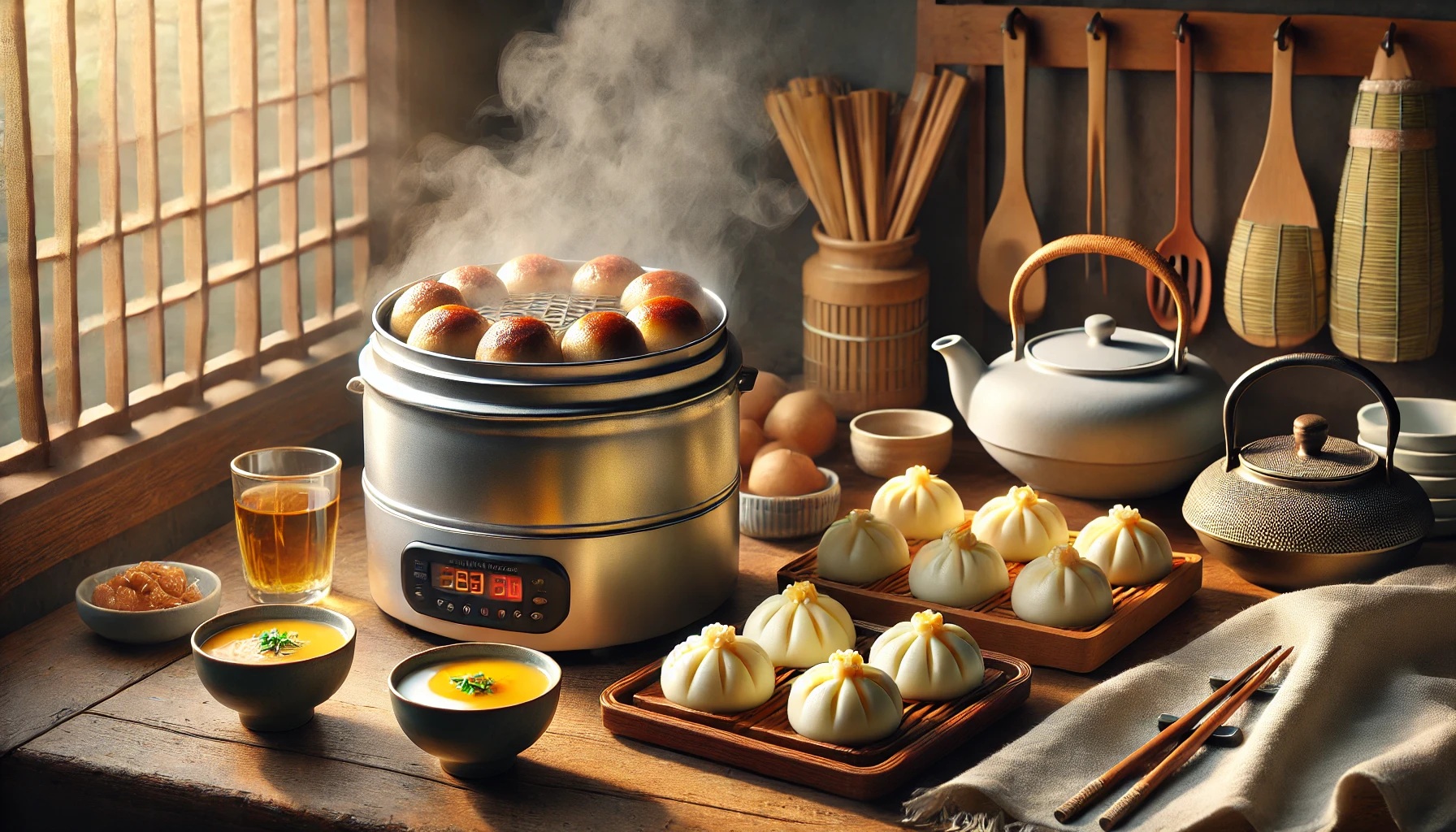 蒸し器と美味しそうな蒸し料理