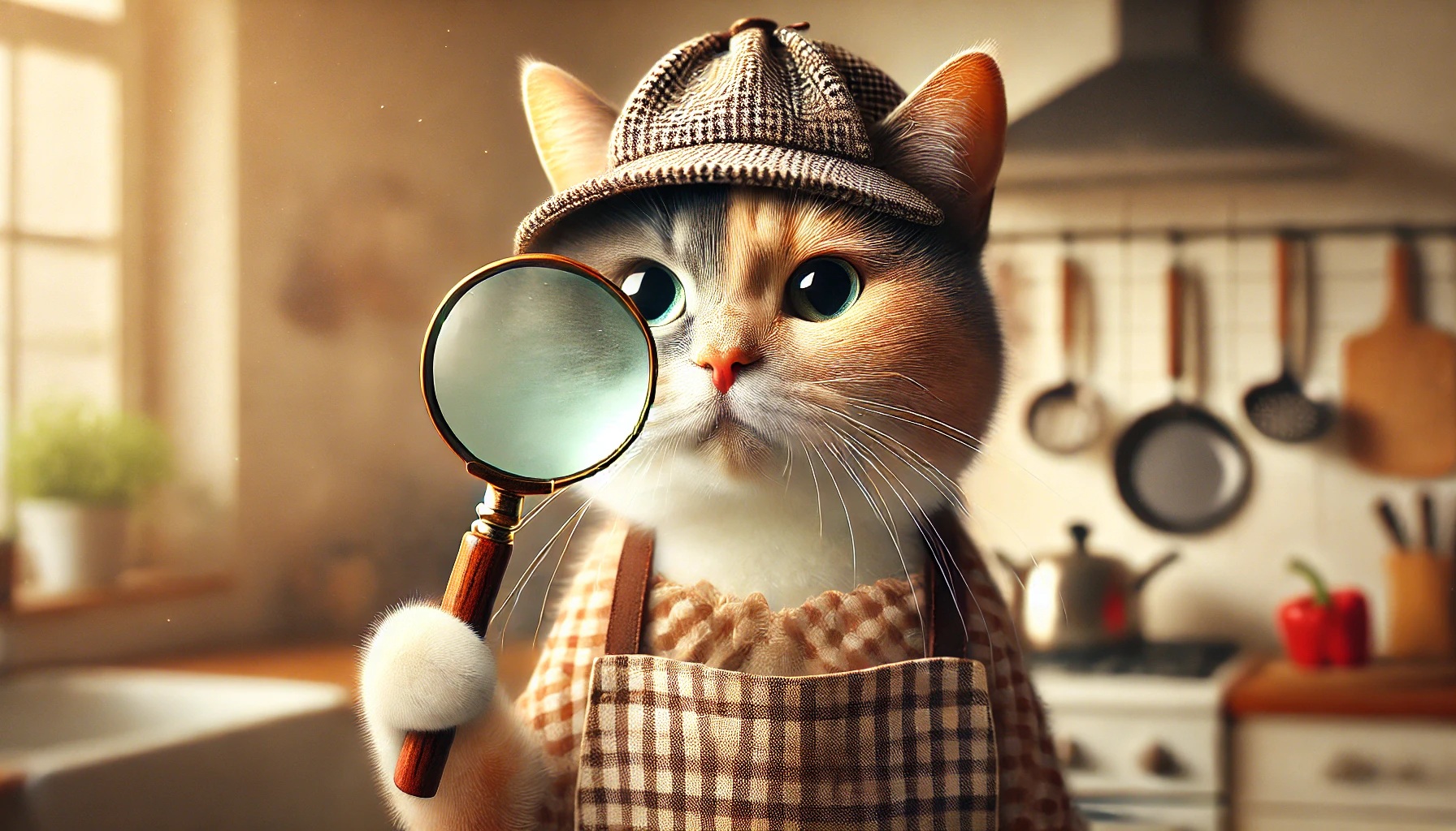 虫眼鏡を持って何かを観察するねこのキャラクター