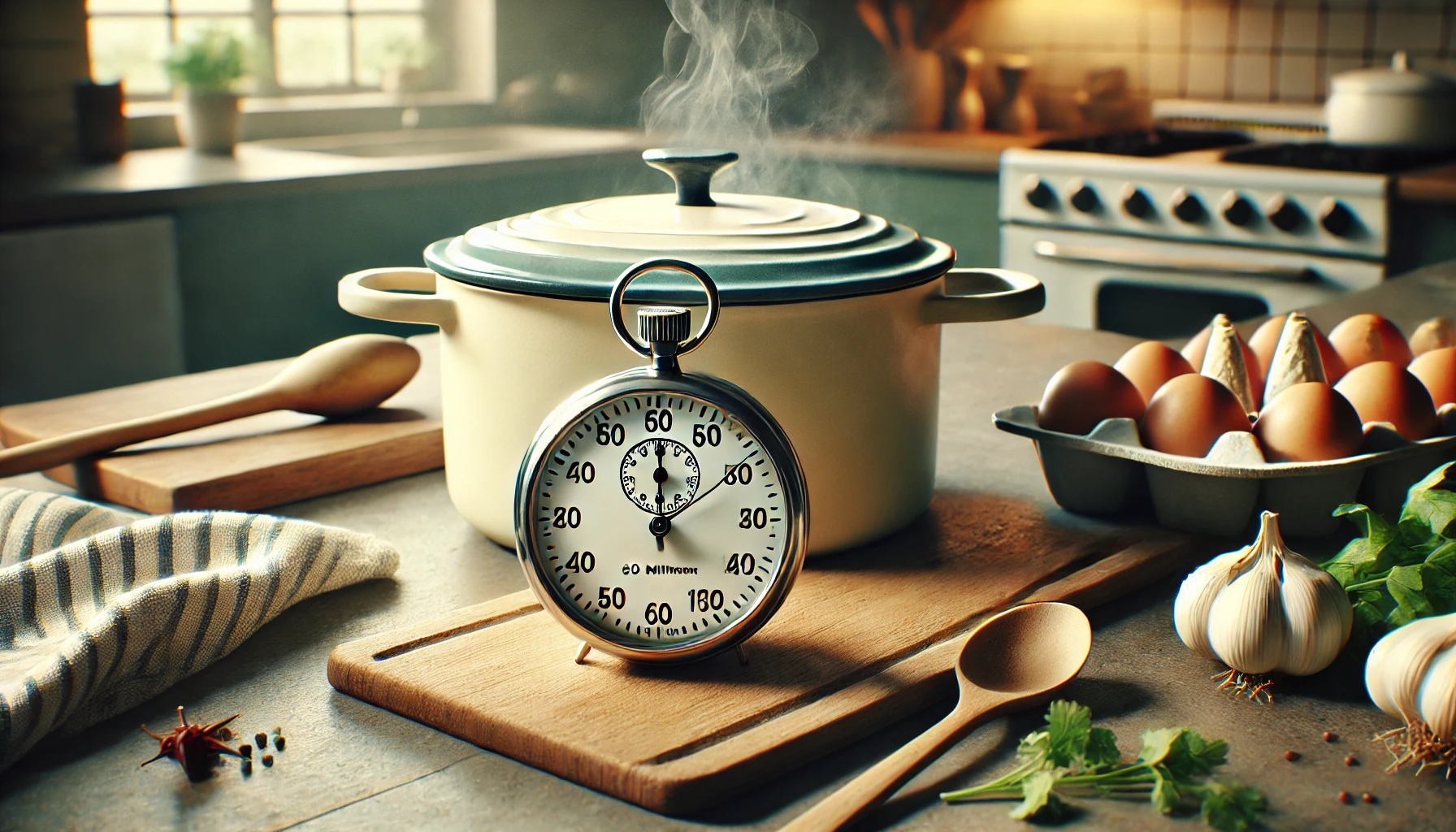 調理中の鍋と時間を測っているキッチンタイマー