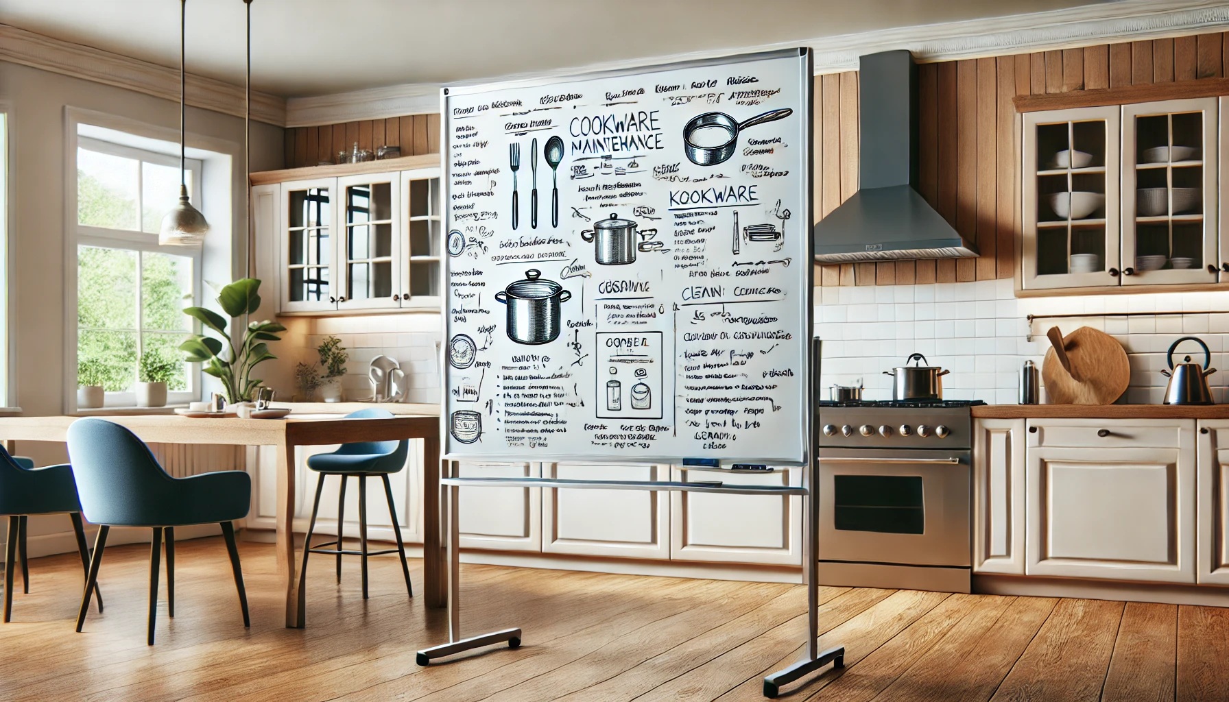 調理器具の説明やメンテ方法などが書かれたホワイトボード