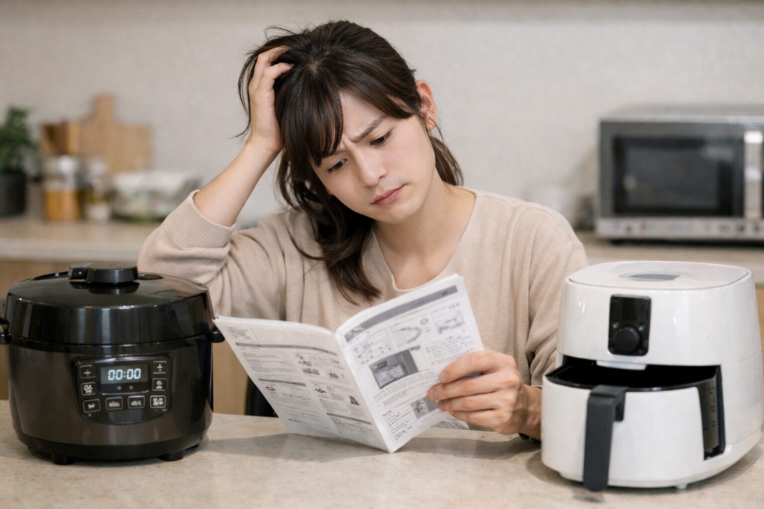 調理家電の取説を見て悩んでいる女性