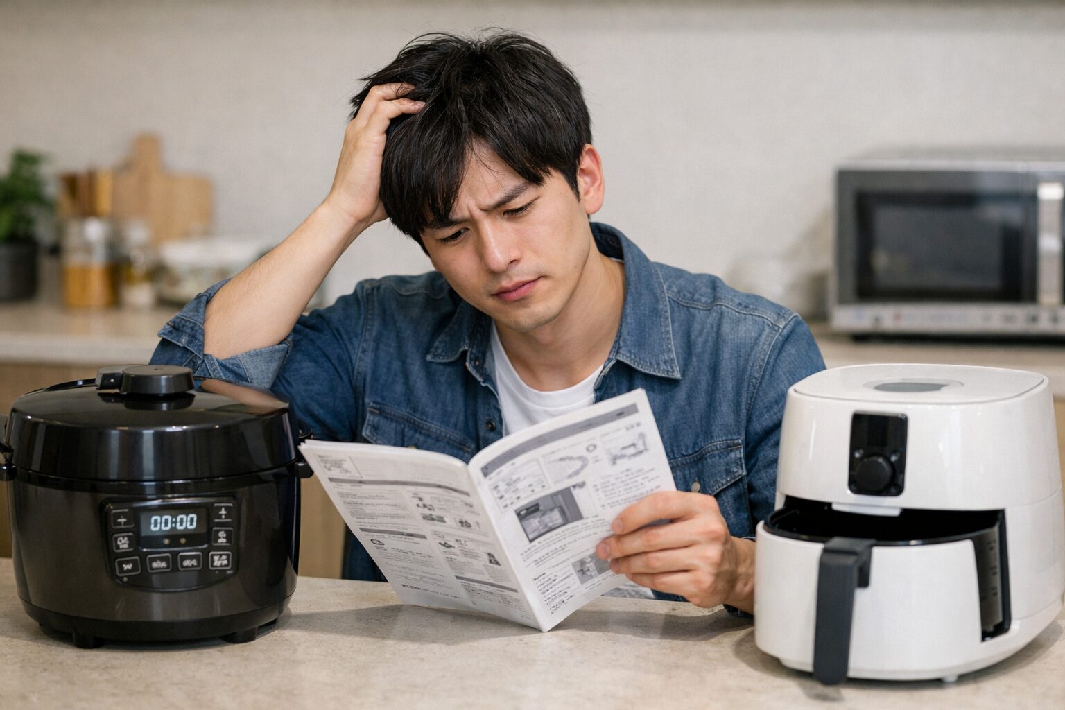 調理家電の取説を見て悩んでいる男性