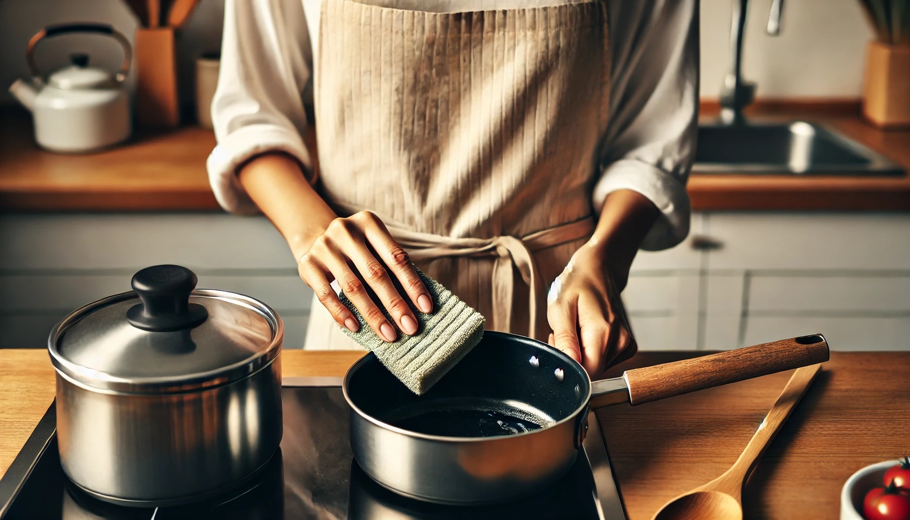 鍋やフライパンなど調理器具の手入れをする女性