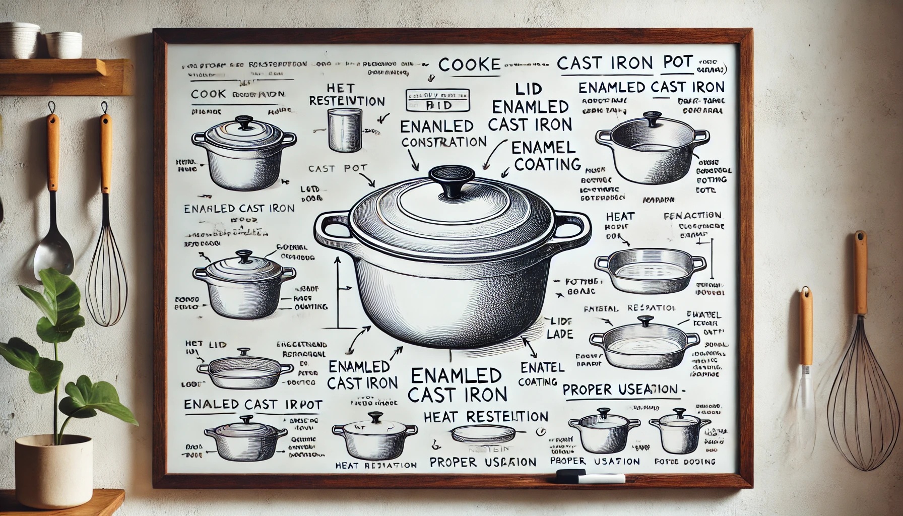 鍋や調理器具の説明が書かれたホワイトボード