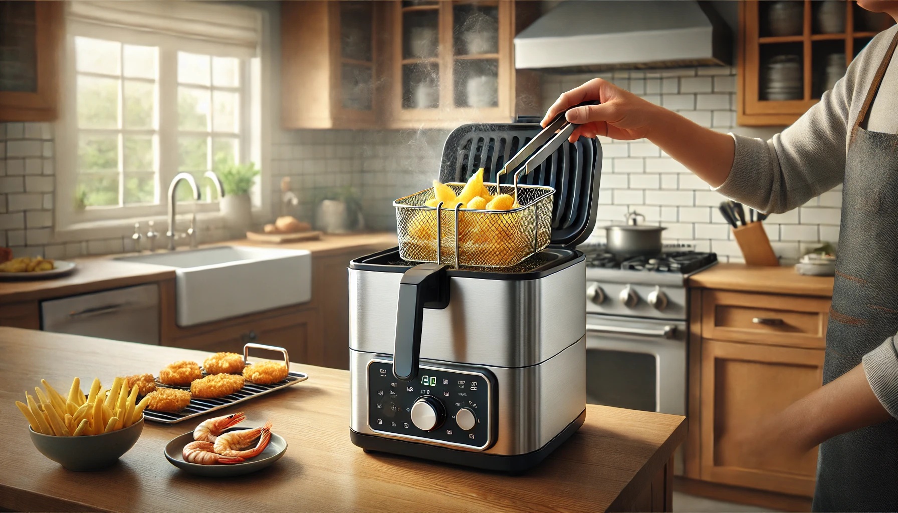 電気フライヤーで揚げ物をしている人