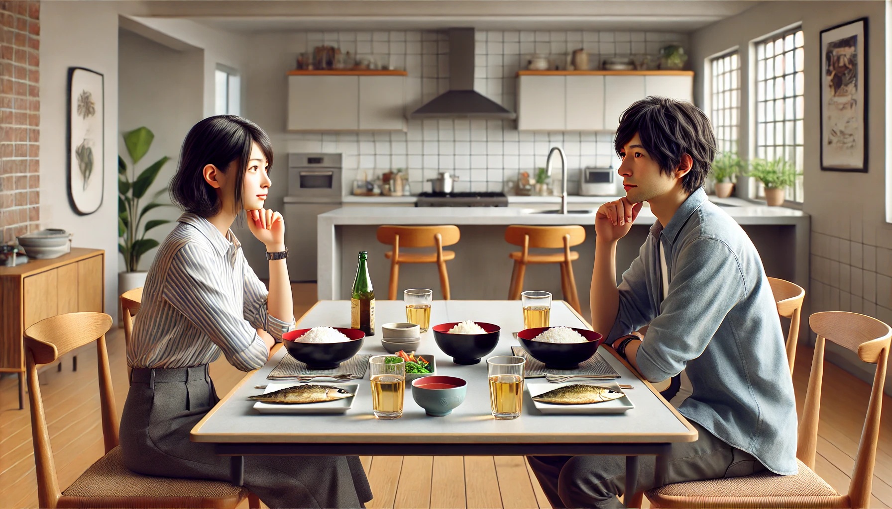 食事を前にして何か考えている夫婦